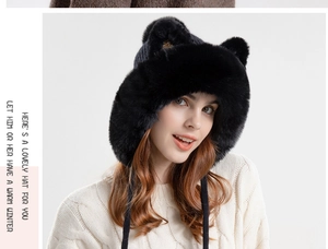 Detailed view of women's black faux fur cat ear hat with earflaps and thermal lining