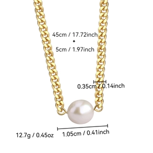 Golden Cuban chain necklace with white freshwater pearl pendant and 45cm length details
