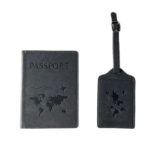 Dark gray PU leather passport holder and luggage tag set with embossed world map design