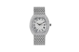 Detailed macro shot of luxury tonneau quartz watch with rhinestones and Roman numerals.