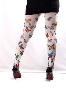 Close-up of butterfly print patterned white tights with elastic fabric on model's legs