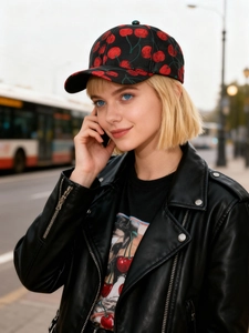 Close-up of stylish black baseball cap featuring red cherry pattern on textured fabric