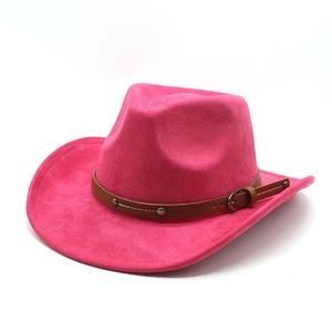 Detail of rose red western cowboy hat with studded leather band and silver buckle