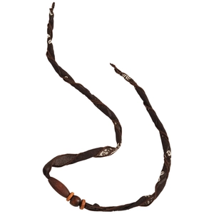 Brown paisley silk scarf necklace for women featuring vintage wood bead accents
