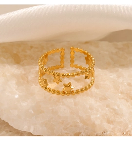 Detail of 18K gold plated double-layer star ring with beaded texture and adjustable band