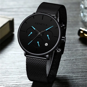 Men's fashion quartz watch with black mesh strap, blue hands and date display
