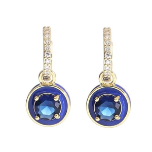 Gold round hoop earrings with blue enamel, zircon stones and center gem