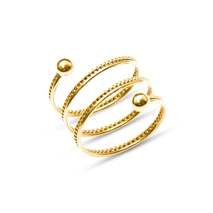 Three-layer gold spiral twist ring with polished double spheres and 18k gold plating