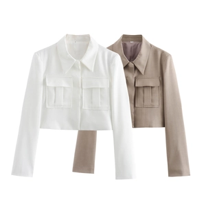 Women's cropped lapel jacket and straight pants set in white and khaki colors