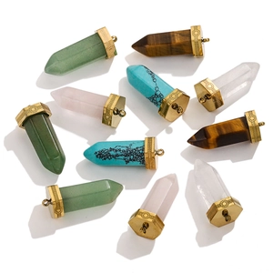 Hexagonal Column Pendant Natural Stone Crystal Bullet Point Stainless Steel Cap For DIY Jewelry Making Necklace Earrings