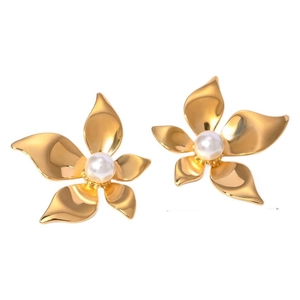 Minimalist golden flower earrings with white pearl center in high quality titanium steel