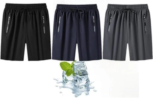 Detail van ijsszijde sportshorts in drie kleuren met ritszakken en trekkoord in de taille