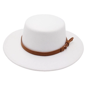 Classic white wool felt boater hat with deep brown suede ribbon and side knot detail