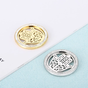 Hamsa Hand Round Pendant Stainless Steel Rhinestone Hollow Geometric DIY Jewelry Making Finding