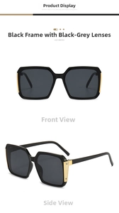 Front and side view of square oversized black sunglasses with golden metal hinge details