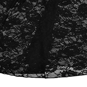 Macro photography showing the intricate floral mesh and texture of the black lace fabric