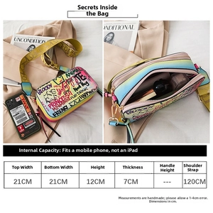 Size chart for colorful graffiti crossbody bag showing 21cm width and 12cm height