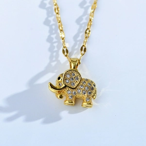 Gold elephant pendant necklace with zircon rhinestones made of titanium steel for women