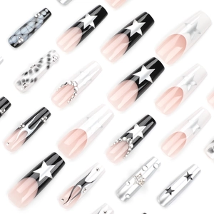 French long coffin press-on nails with silver stars, flame motifs and rhinestone details