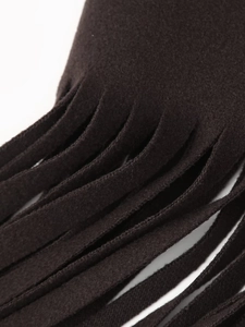 Close-up of brown wool fabric texture with elegant fringe detailing on the coat