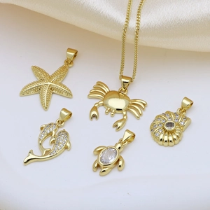 Marine Animal Pendant Necklace Gold Plated Copper Cubic Zirconia Sea Turtle Starfish Crab Dolphin Jewelry For Women