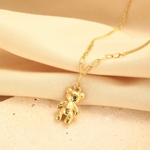 Golden bear pendant necklace with embossed love script and stylish mixed chain design