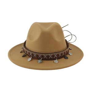 Khaki wool fedora hat with ethnic patterned ribbon and vintage silver coin charms