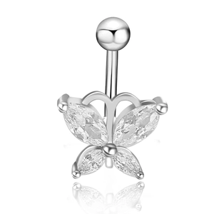 Silver stainless steel butterfly belly button ring with sparkling zircon stones