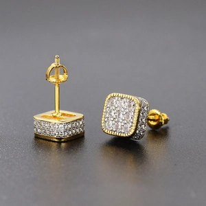 Macro view of gold square hip hop stud earrings with micro-pave cubic zirconia and screw back