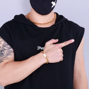 Hip hop style gold Cuban link necklace and iced out diamond clasp bracelet set for men
