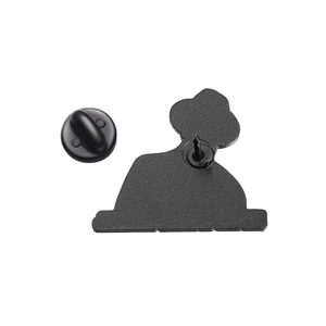Macro shot of matte black enamel pin back with black rubber clutch fastener