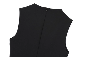 Detail of a black sleeveless dress showing the back neckline and invisible zipper closure