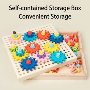 Kids wooden educational gear and screw toy set with storage box for color recognition