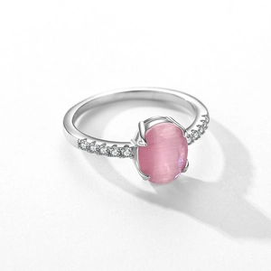 Elegant S925 sterling silver ring with pink cat eye stone and side accent crystals