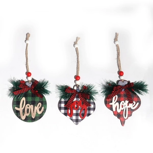 Three-piece Christmas plaid wooden hanging ornaments with LOVE, JOY, and HOPE text
