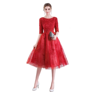Women Lace Embroidery Evening Dress Round Neck Three Quarter Sleeve A-Line Short Prom Party Gown Elegant Formal Occasion