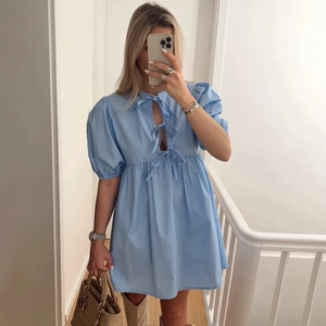 Mini Babypuppe Kleid Damen Polyester Puffärmel Rundhals Bindeband Kurzarm Lässig Süß Locker Sommer Outfit