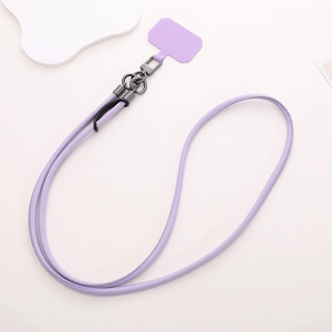 Detailed view of durable purple PU leather phone lanyard with black metal hardware