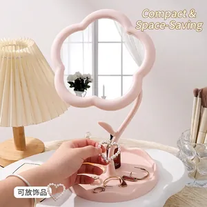 Pink sunflower desk mirror with jewelry tray stand for rings and earrings storage