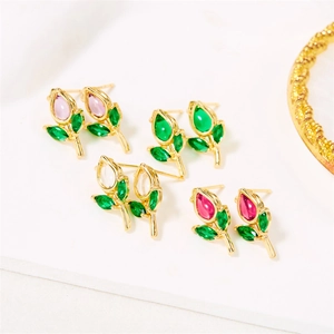 Set of four tulip-shaped stud earrings in gold with colorful gemstone petals