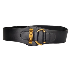 Elastic wide black waist belt for women with vintage gold buckle on a white background
