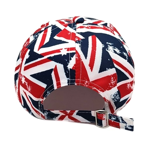 Detail view of British Union Jack baseball cap with adjustable metal buckle and twill fabric