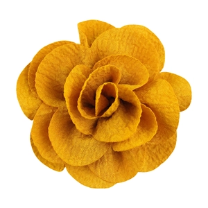 Macro shot of 7cm mustard yellow bubble crepe fabric flower with layered texture