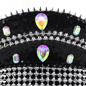 Black sequin cadet hat with silver studs and holographic gemstones for women fashion