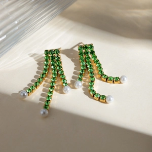 18K gold stainless steel triple-layer green zircon earrings with white pearl pendants