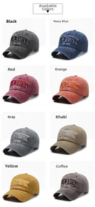 Detailed grid view of washed cotton baseball caps in eight classic vintage color options