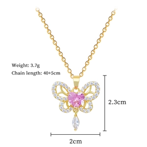 Detail of butterfly necklace with pink heart stone and dimensions 2.3cm x 2cm