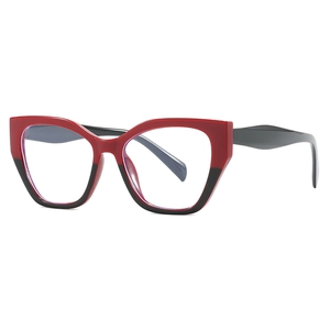 Cat eye glasses frames with red and black stitching design and clear lenses for women