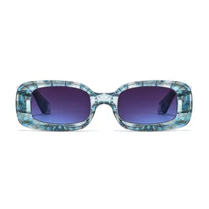 Blue textured rectangle sunglasses with purple gradient lenses on white background