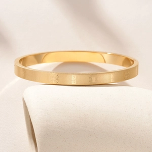 Frosted gold titanium steel bracelet with engraved Saint Benedict medal religious motifs